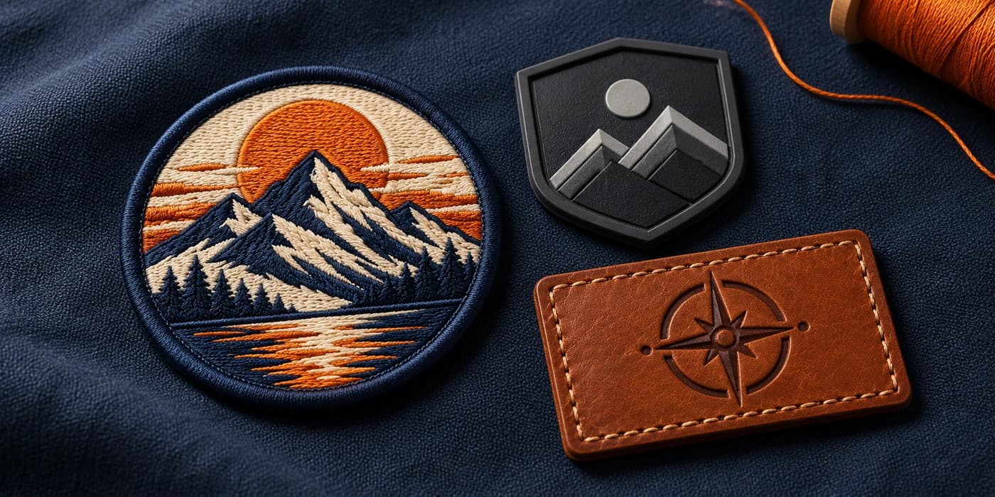 Illustrative embroidered mountain patch, molded PVC shield and cognac leather compass patch on navy fabric
