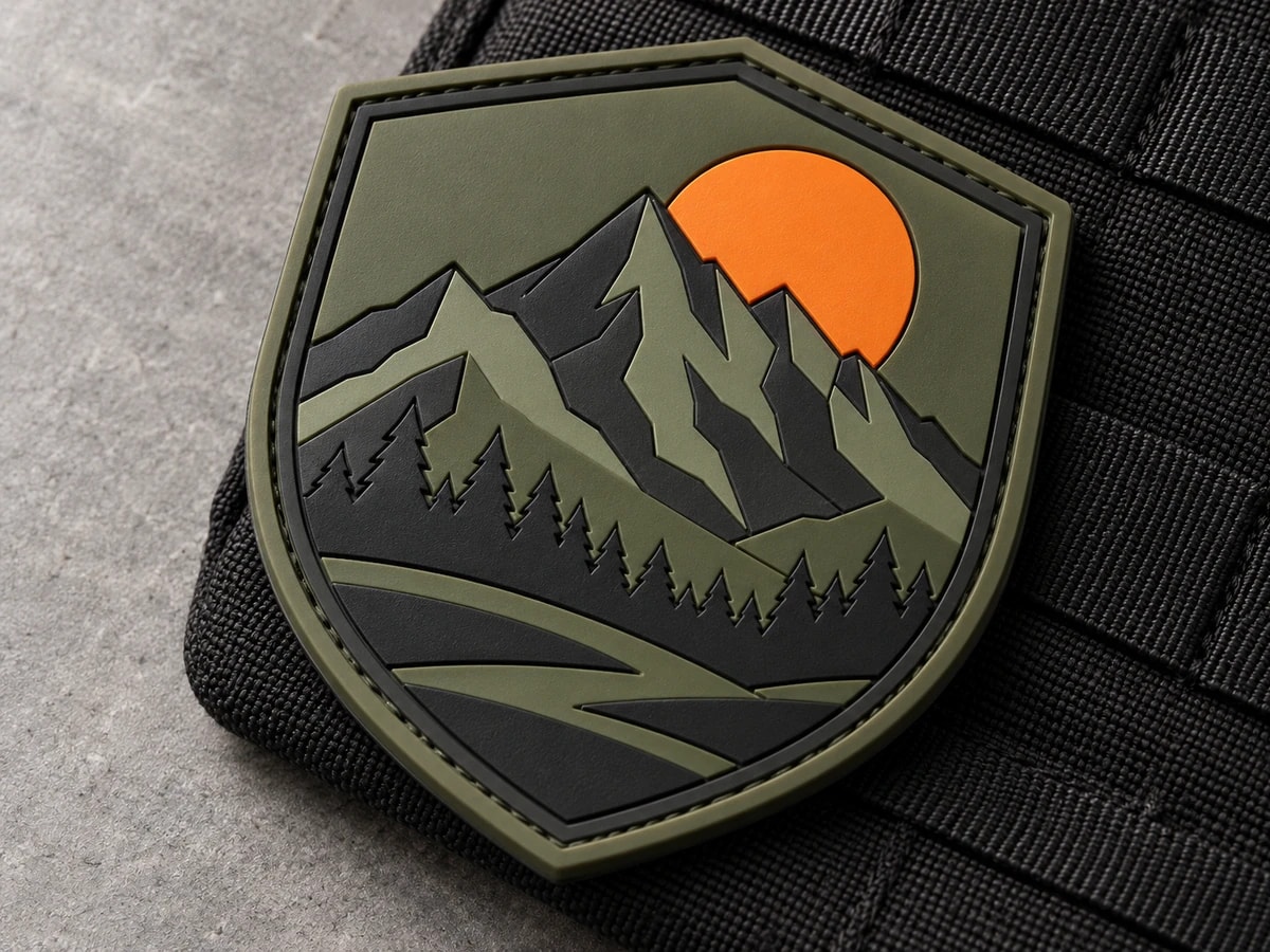 Illustrative molded PVC mountain shield with stepped rubber relief and recessed grooves