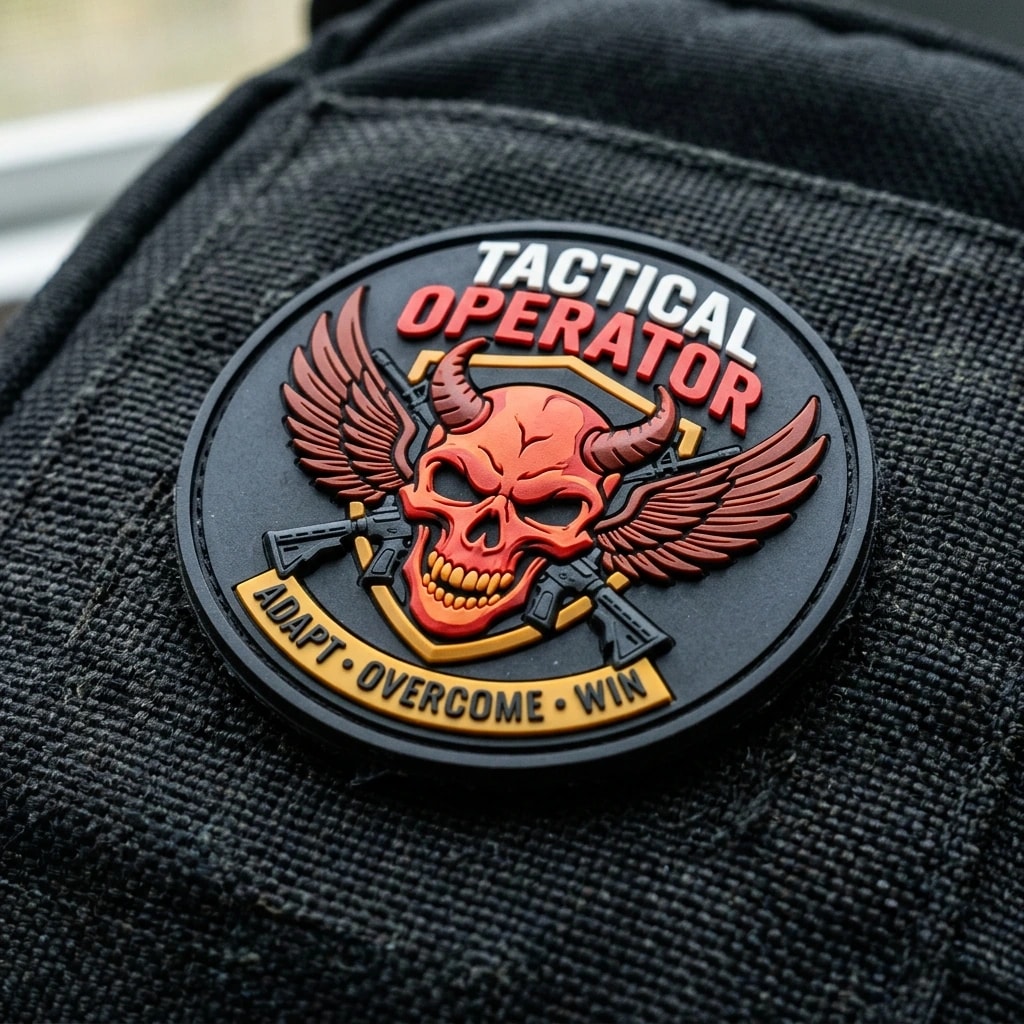 Molded PVC morale patch with raised orange and charcoal rubber details