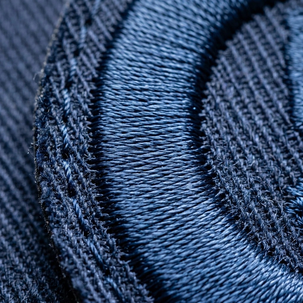 Extreme macro photograph of lustrous polyester embroidery thread satin stitching
