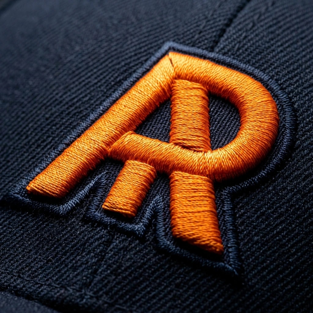 Extreme macro photograph of dimensional 3D puff embroidery on structured cap