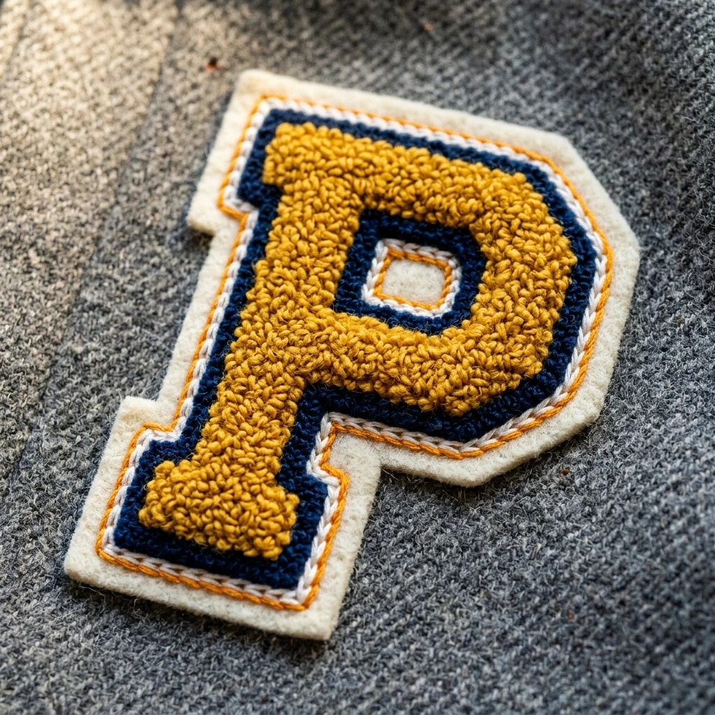 Macro photograph of thick collegiate varsity chenille looped yarn on wool felt base