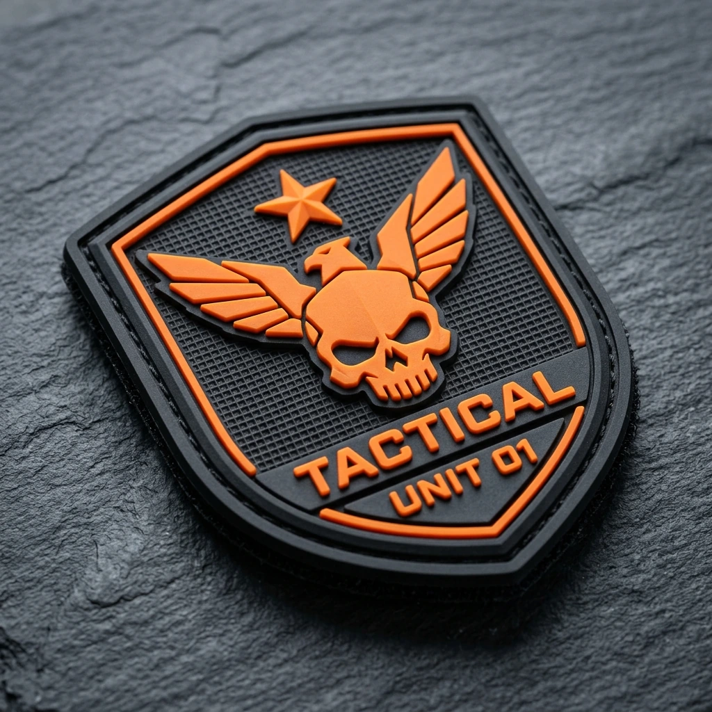 Macro photograph of tactical PVC rubber patch with stepped embossed relief on slate