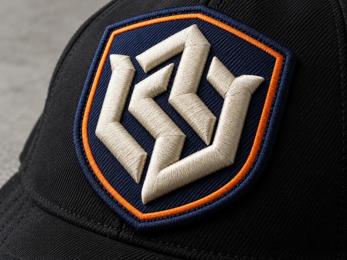Illustrative 3D puff embroidered geometric emblem with raised padded satin stitches
