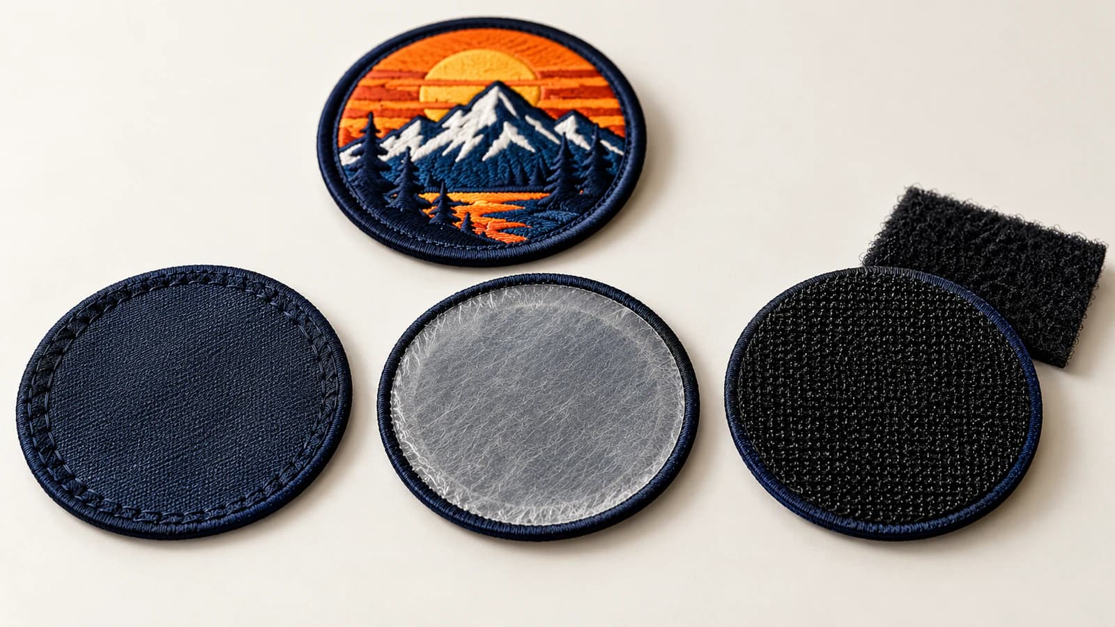 Illustrative sample mockup of sew-on, heat-seal, and hook-and-loop backing options