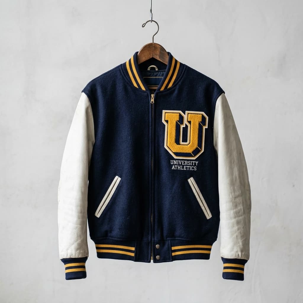 Varsity letterman jacket styled with custom chenille patches