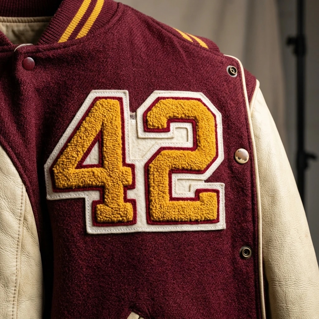 Raised chenille number 42 on a burgundy varsity jacket