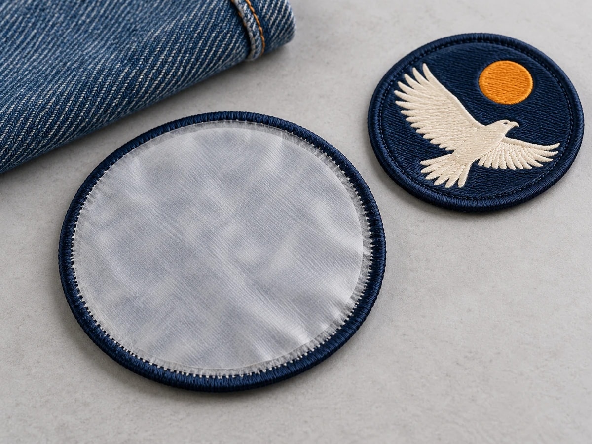 Illustrative close-up of heat-seal film on the reverse of an embroidered patch beside denim