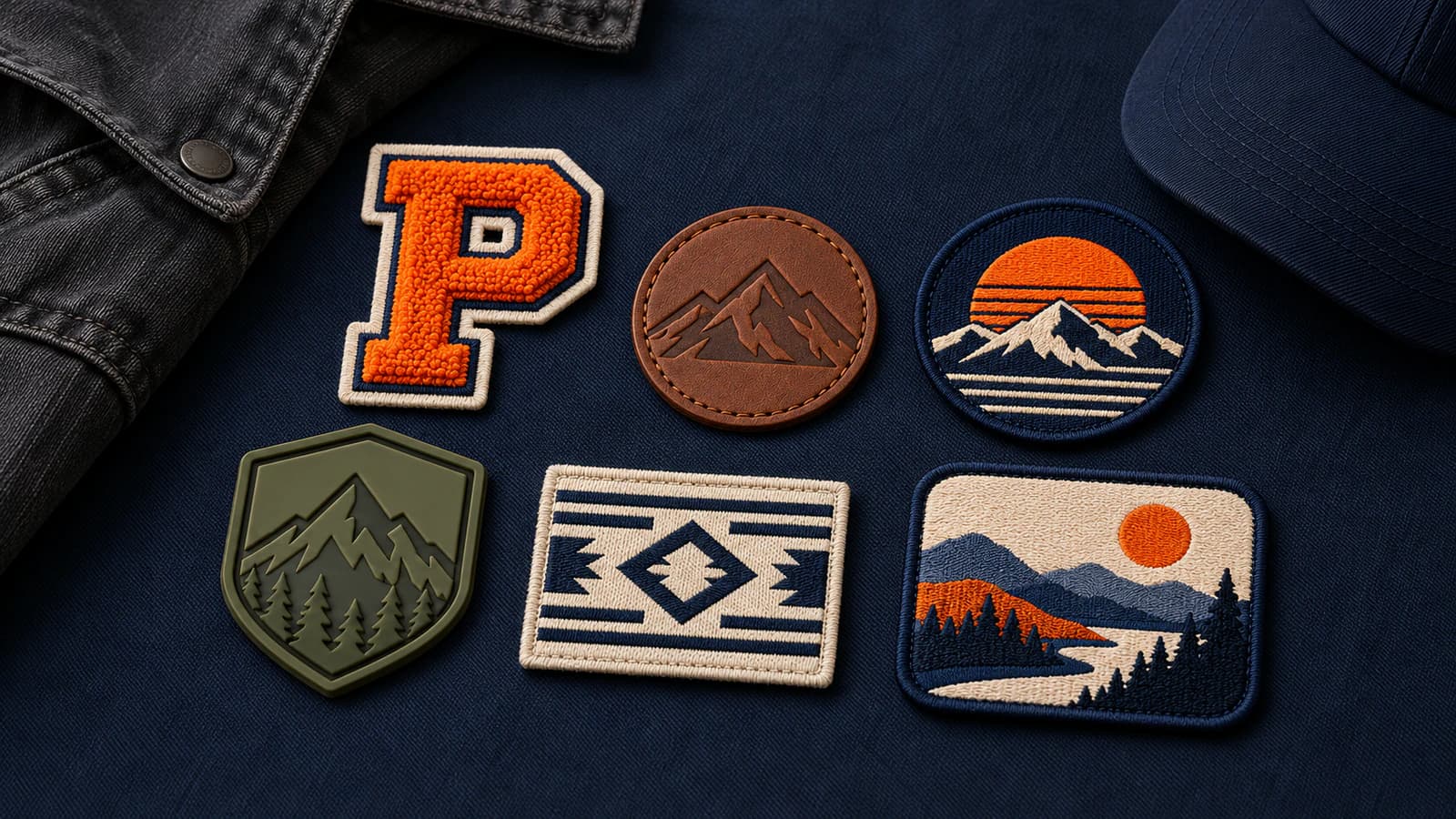 Curated illustrative custom patch material showcase displaying various patch types and edge finishes