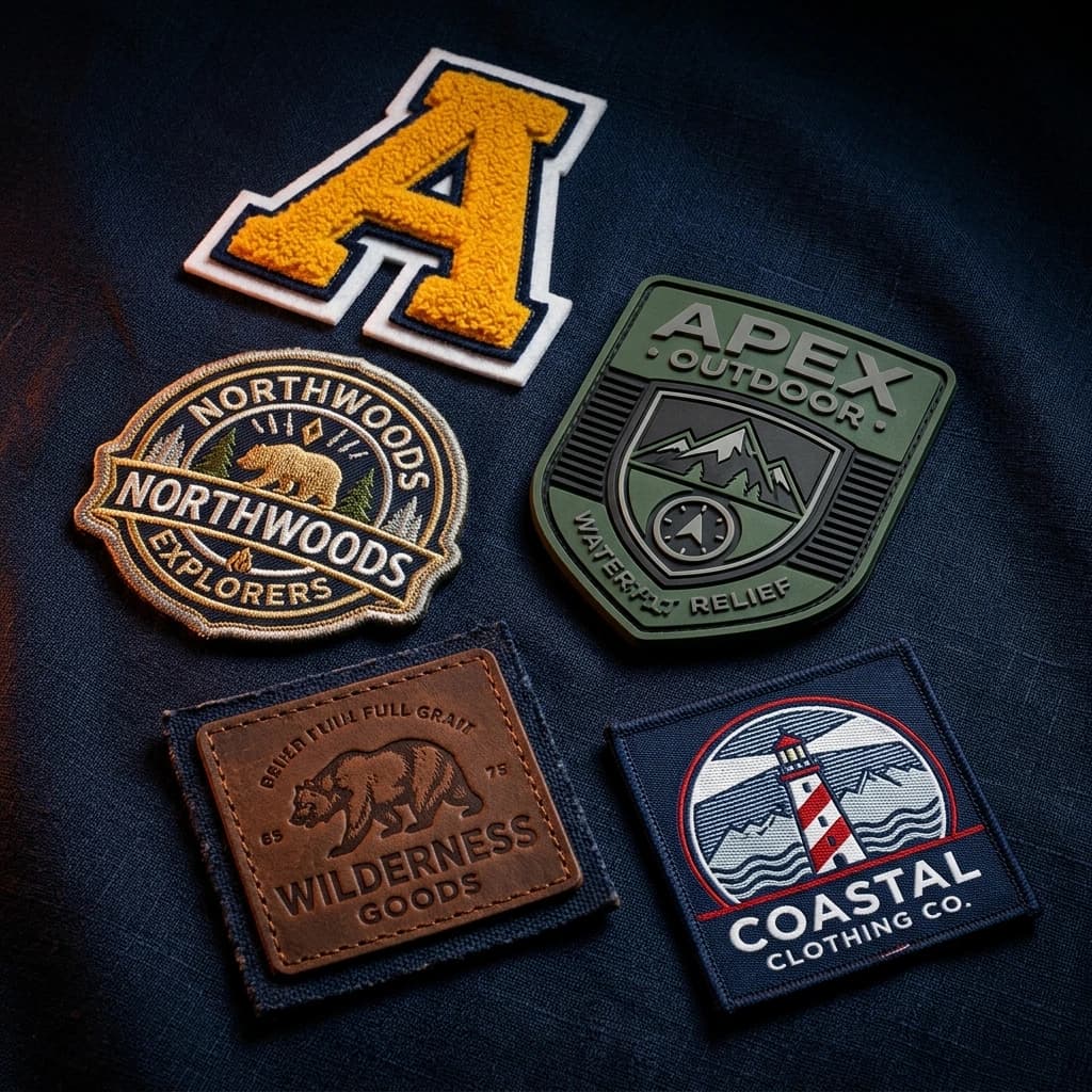 Custom patch craftsmanship showcase: Chenille Varsity, 3D PVC, Embroidered, Leather, and Woven
