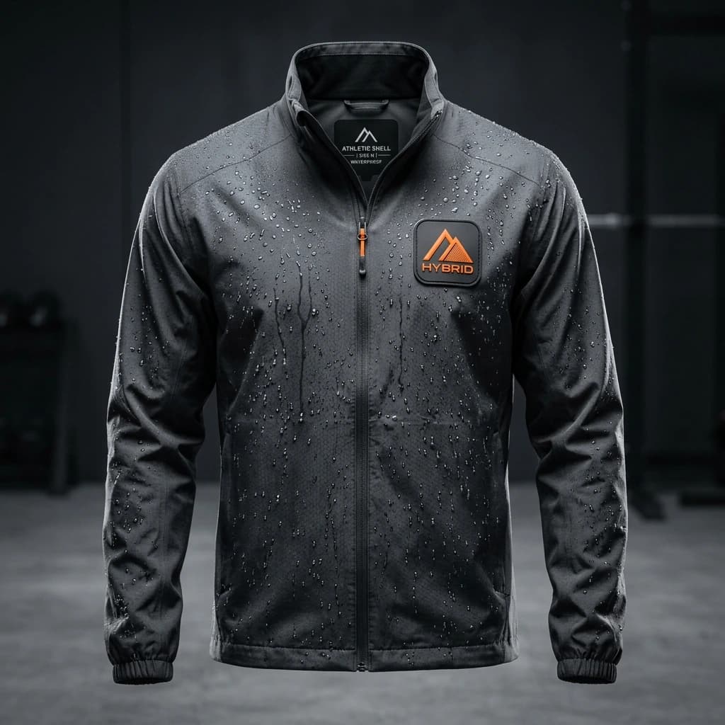 Grey technical jacket with a small matte molded silicone-style chest emblem