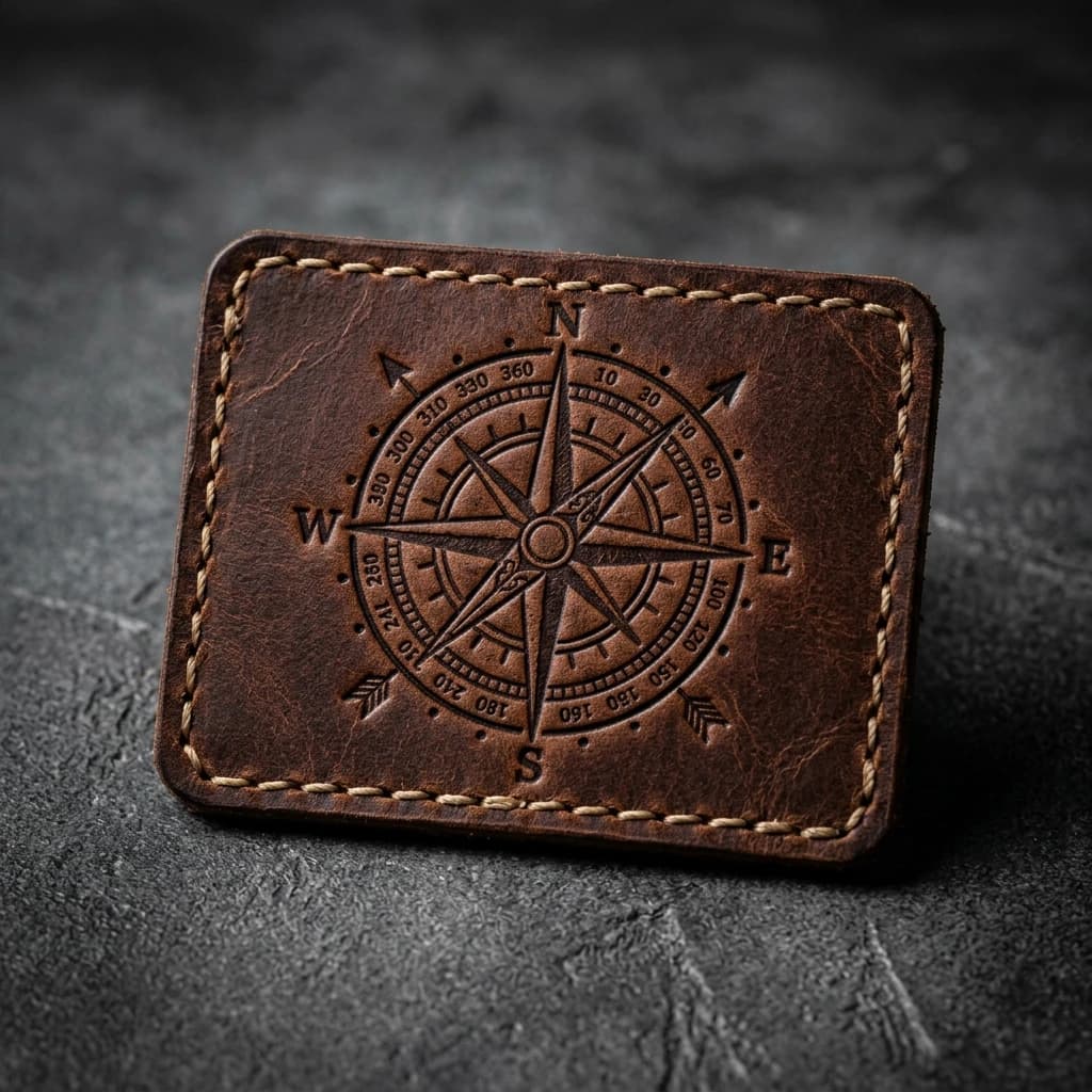 Brown leather compass patch with debossed detail and perimeter stitching