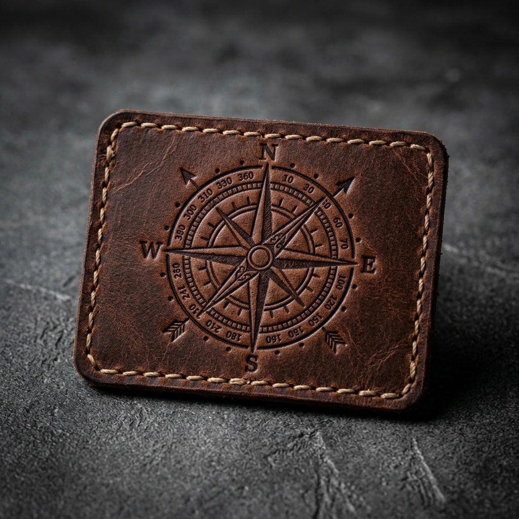 Brown leather compass patch with debossed detail and perimeter stitching