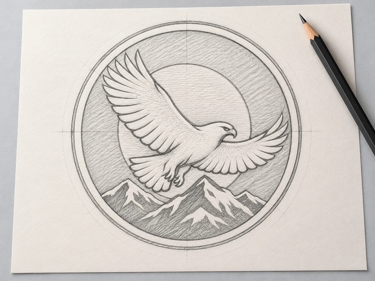 Illustrative graphite sketch of a circular eagle, sun and mountain patch design on drawing paper