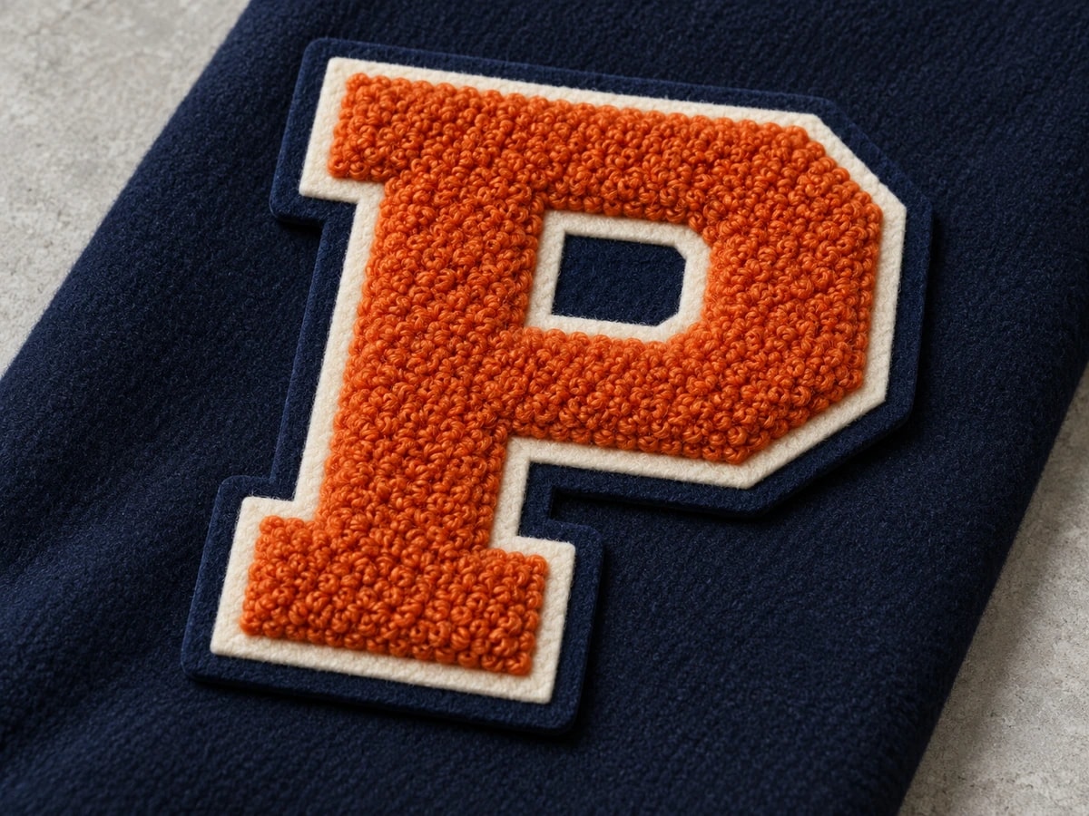 Illustrative orange varsity P patch with plush chenille loops and an ivory felt outline