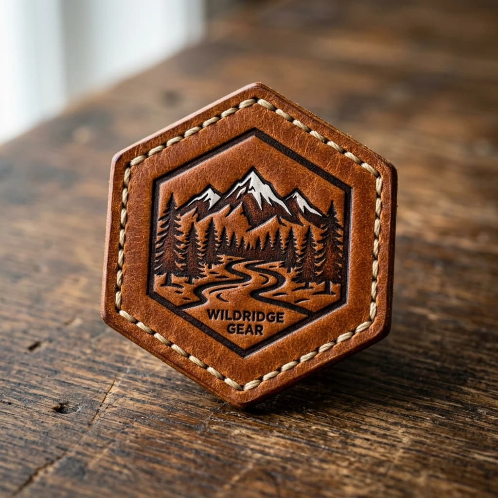 Hexagonal brown leather patch with a pressed mountain scene