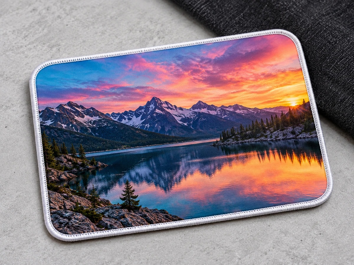 Illustrative smooth printed fabric patch with a photographic lake and sunset gradient