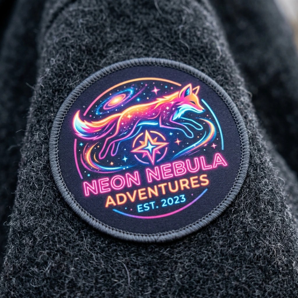 Printed neon space illustration on a smooth round fabric patch