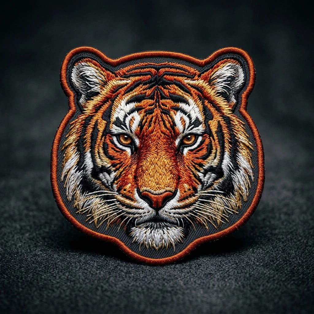 Tiger-shaped embroidered patch with detailed thread stitching