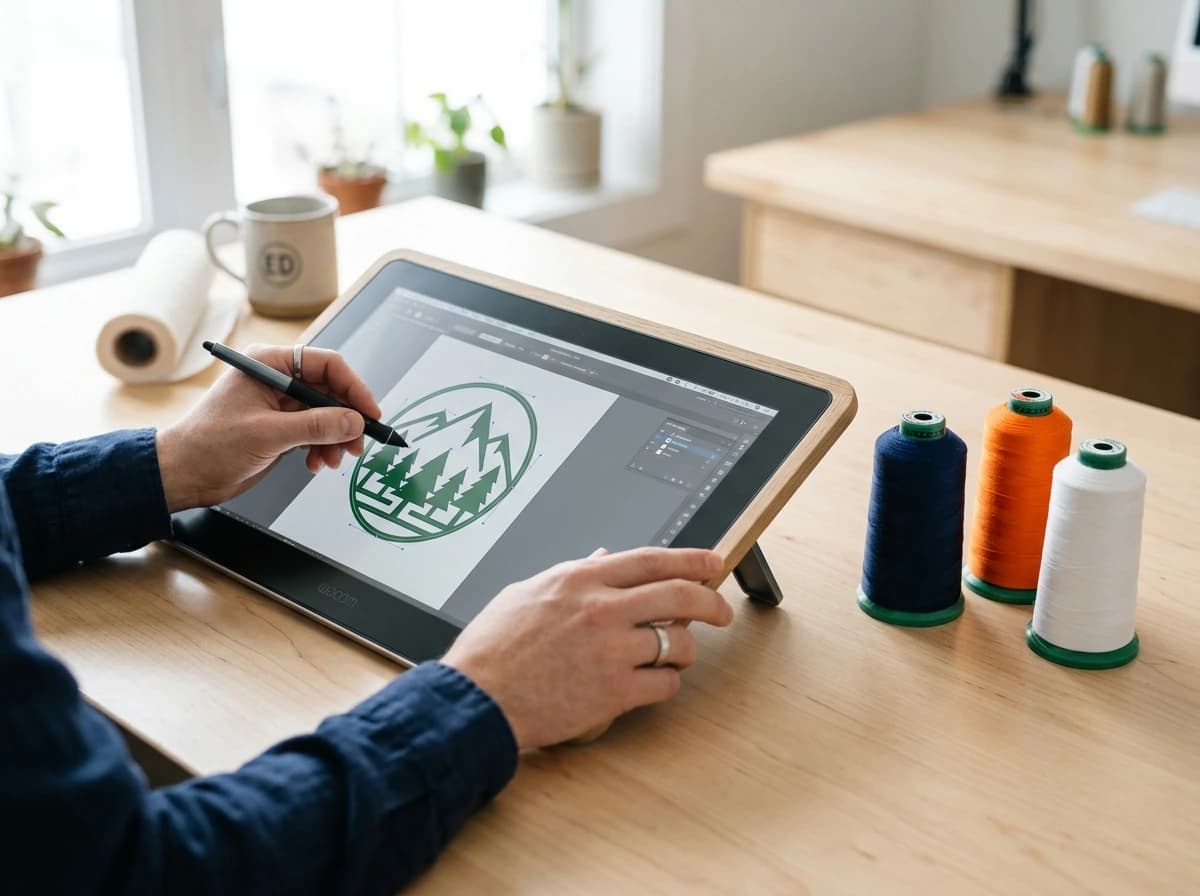 Designer preparing clean vector artwork contours on a digital display with embroidery thread spools