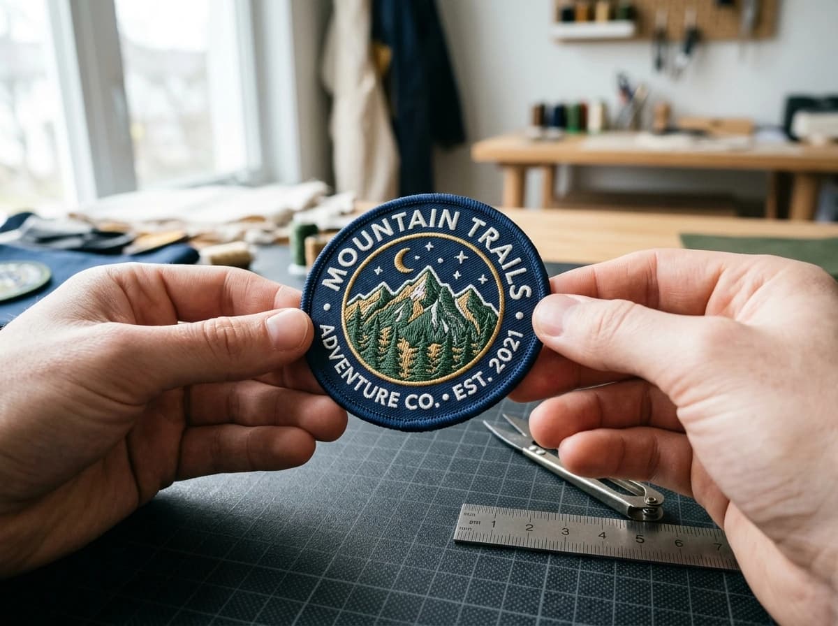 Hands inspecting stitch density, twill weave, and merrowed border on a finished embroidered patch under clean daylight