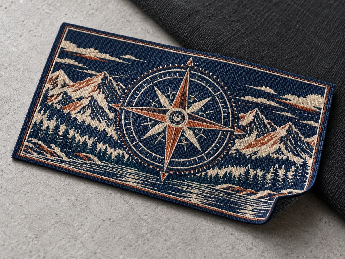 Illustrative thin woven compass patch with a flat fine-thread surface