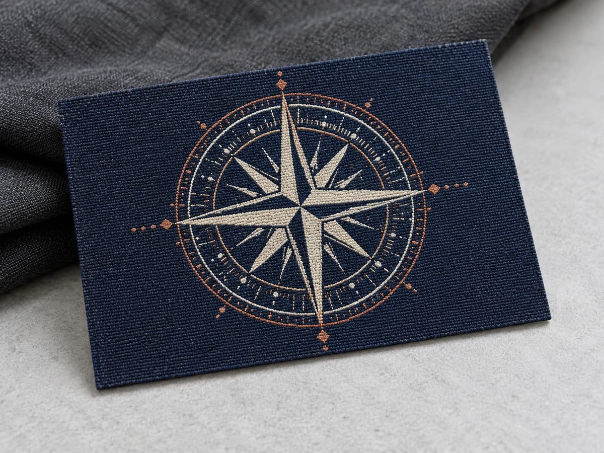 Illustrative woven damask compass patch showing fine interlaced threads and a thin cut edge
