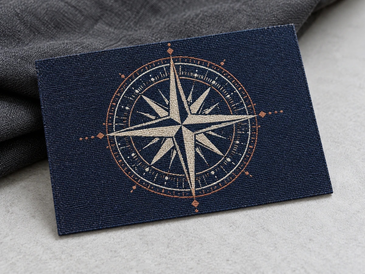 Illustrative woven damask compass patch showing fine interlaced threads and a thin cut edge